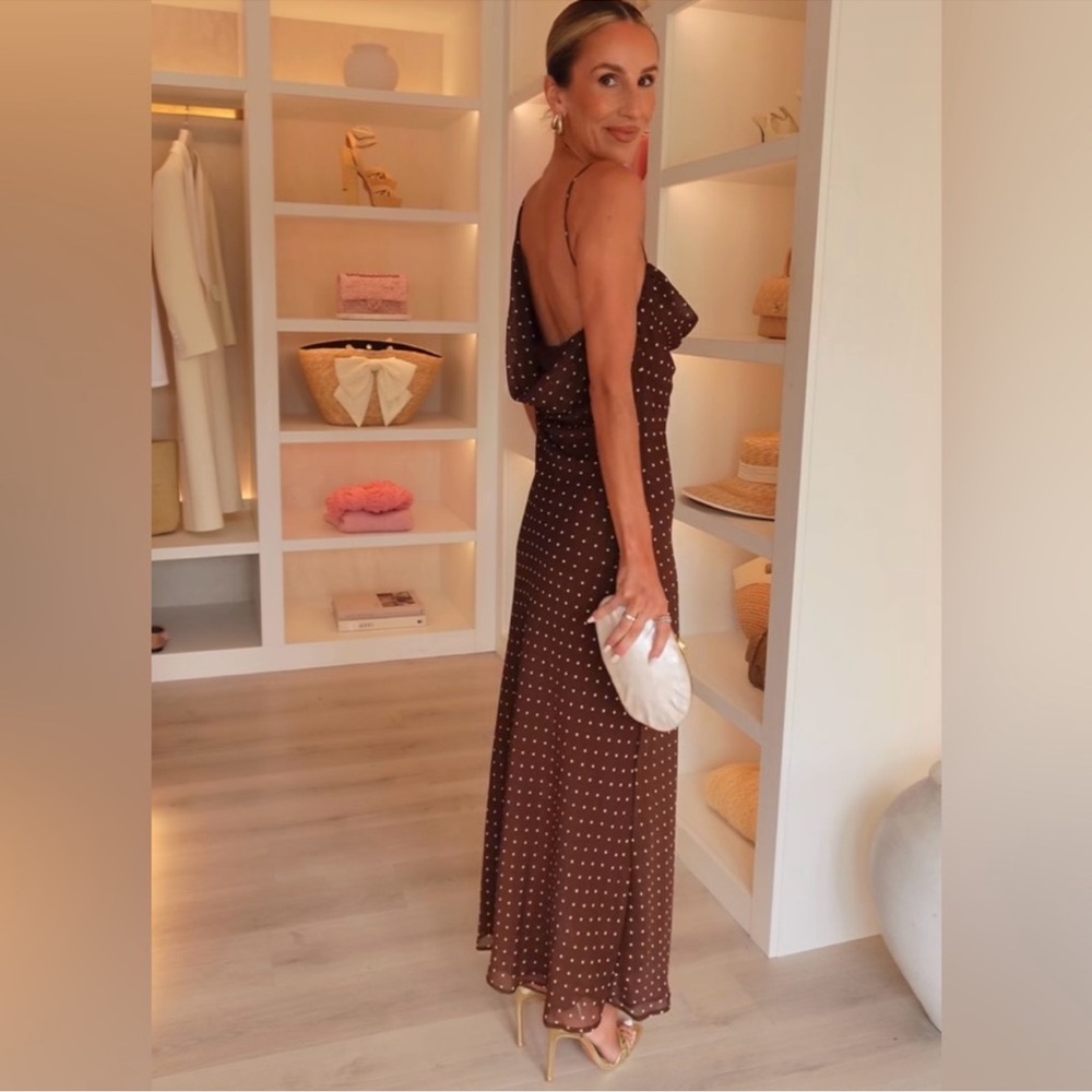 ZARA Brown Draped Neck Polka Dot Maxi Dress - Picture 3 of 17